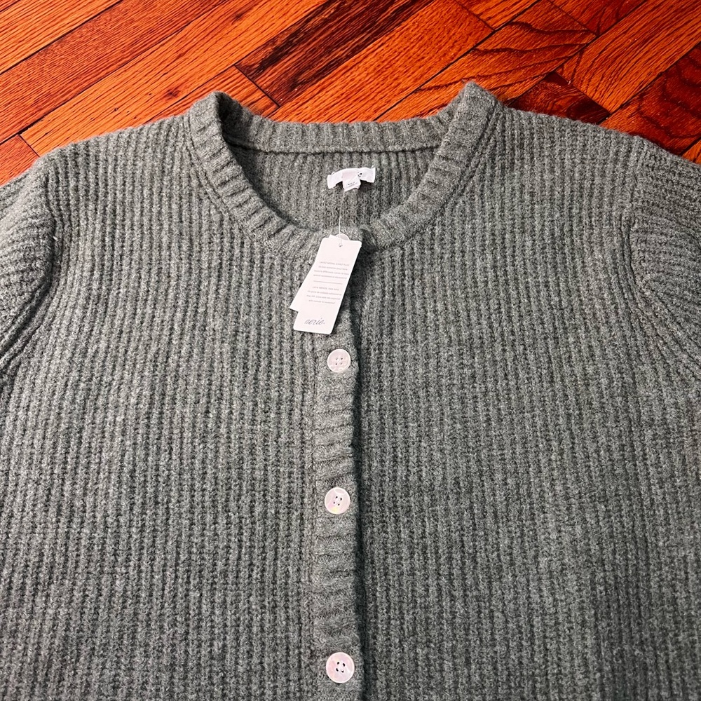 aerie Olive Green Short-Sleeve Button Cardigan - Picture 3 of 5